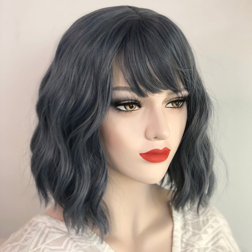 12" Ashy Blue Gray Wavy Wig with Bangs | Stacy